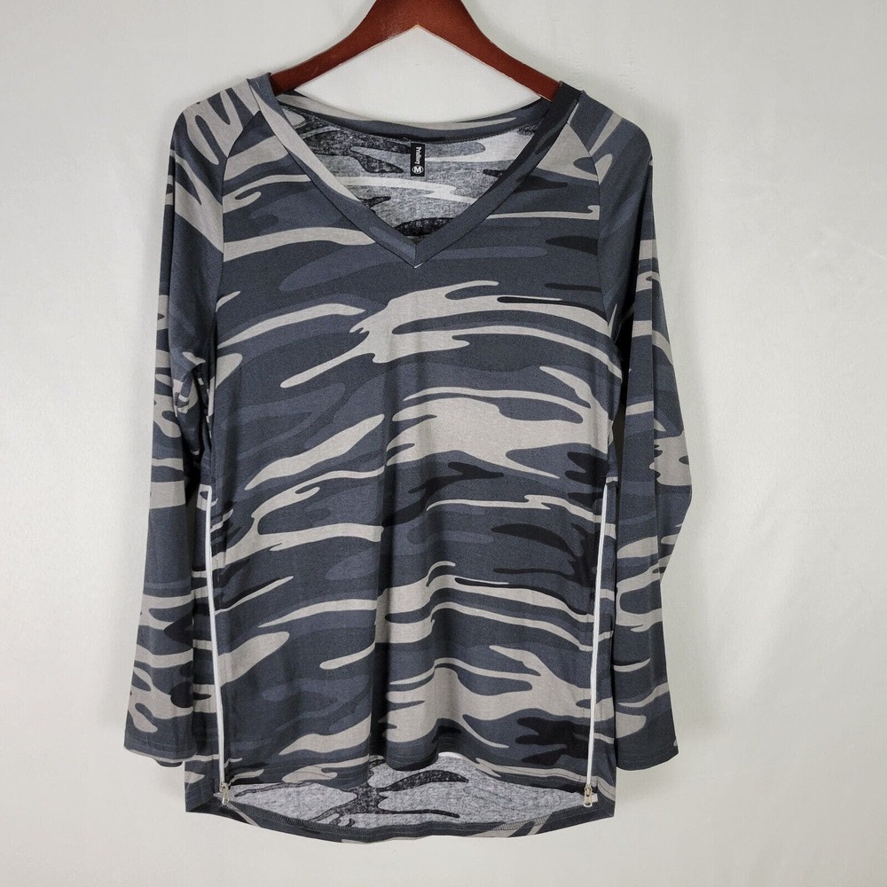 Prin Story Womens‎ Shirt Medium Top Grey Camouflage Long Sleeve V Neck Zip Sides